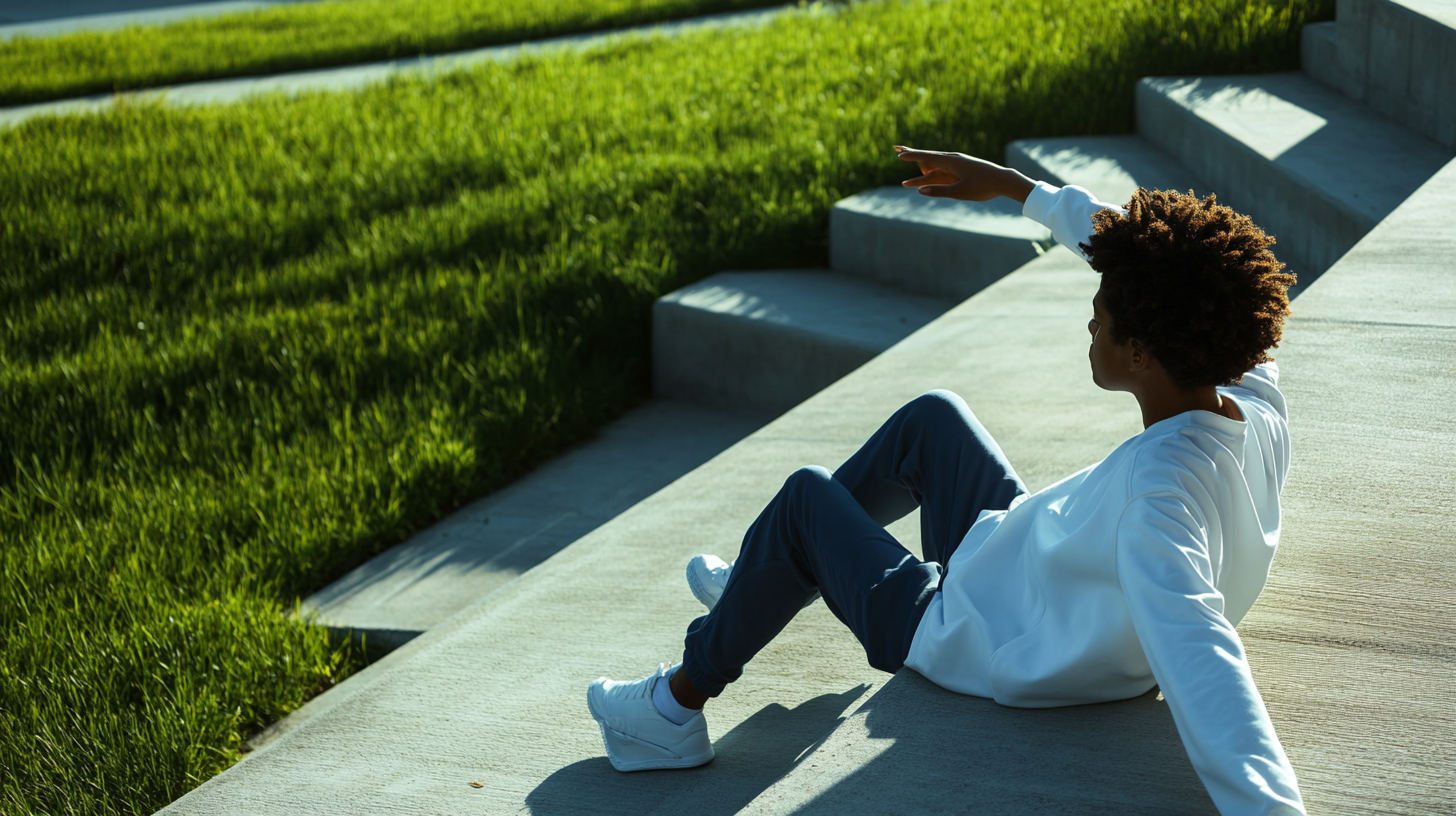 Person in white shirt and blue bottoms stretching outside.