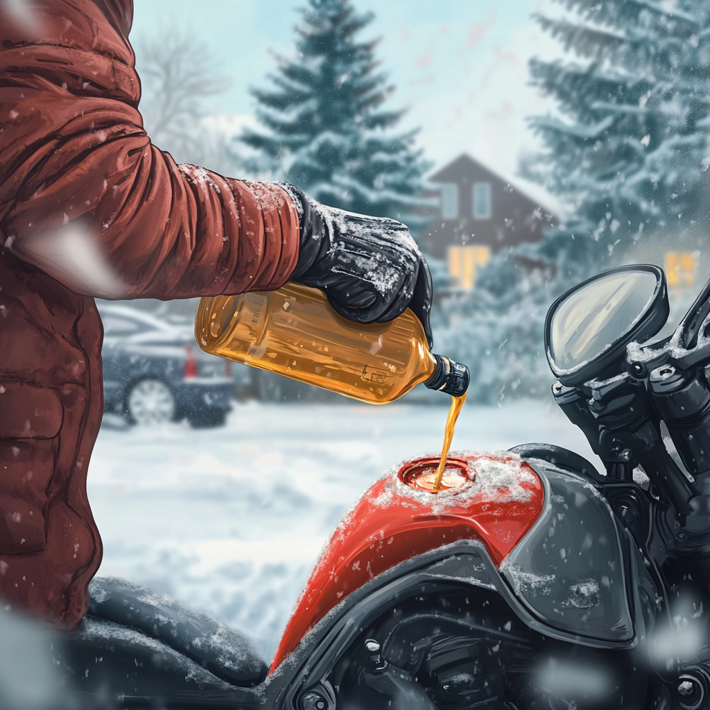 Person in winter gear adds antifreeze to motorcycle.