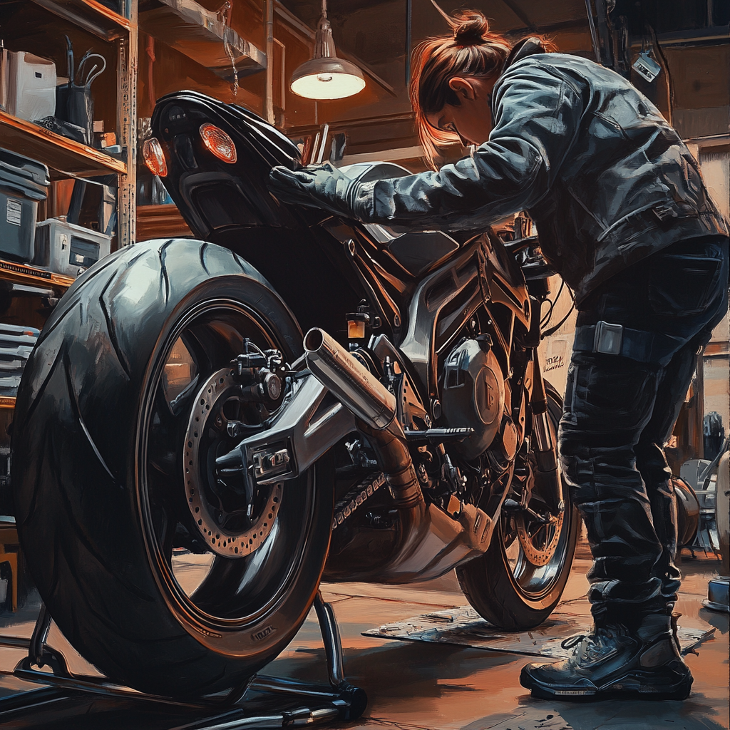 Person inspects motorcycle tires stored in garage carefully.