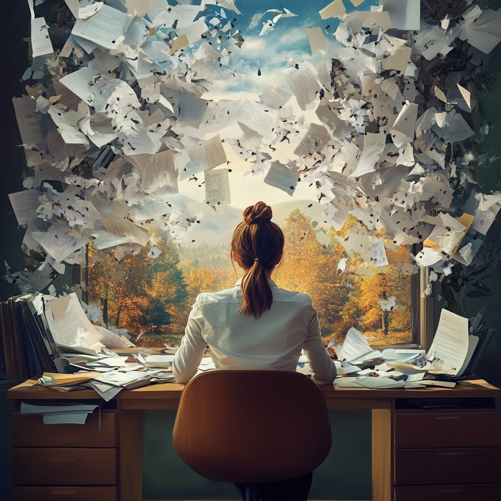 Person is stressed at desk, background turns peaceful.