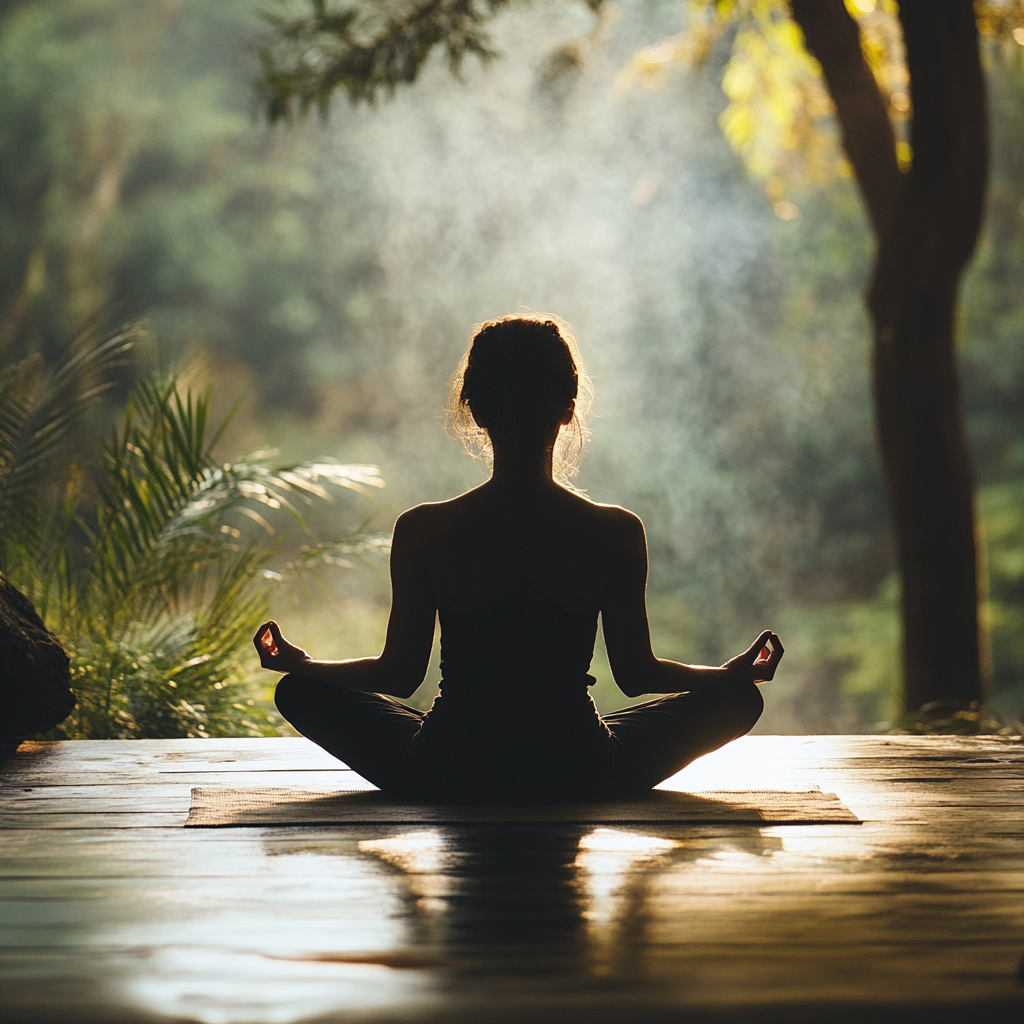 Person meditating in garden, surrounded by natural light.