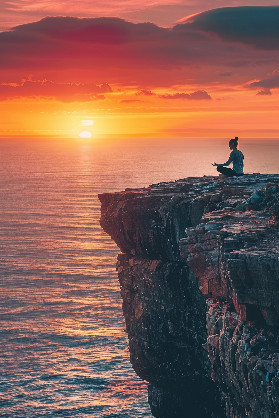 Person meditating on cliff at sunset, symbolizing inner peace.