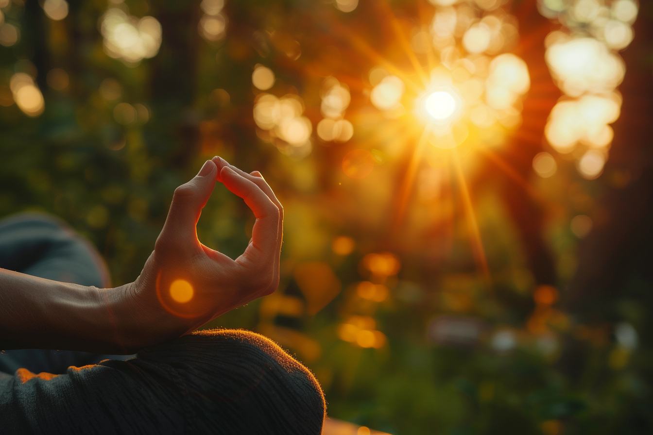 Person meditating or practicing yoga in peaceful nature setting.