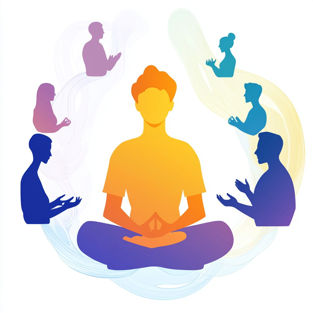 Person meditating with bright lines of inner peace.