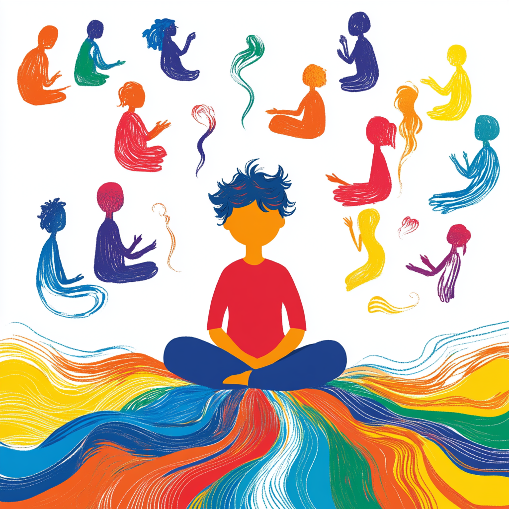 Person practicing mindfulness with colorful waves and supportive figures.