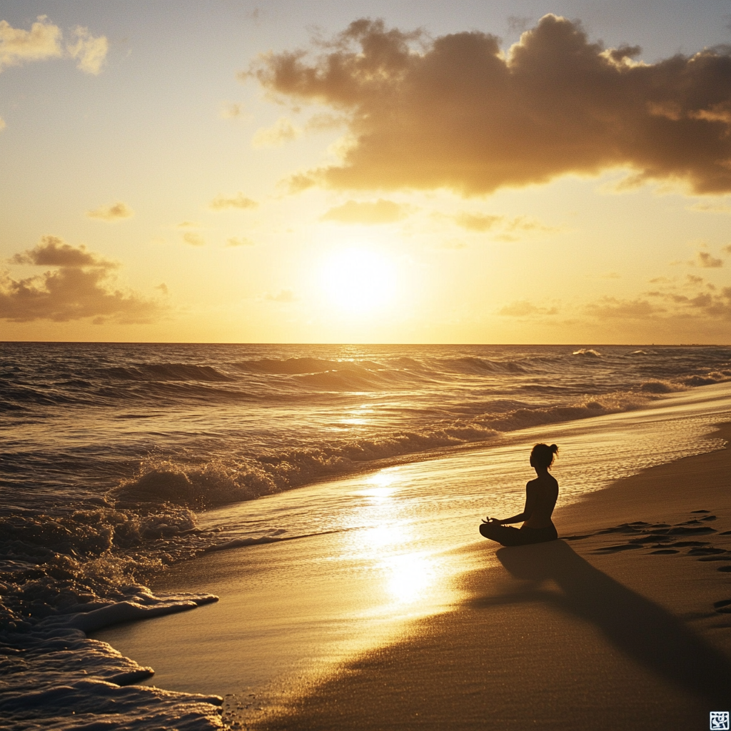 Person practicing yoga on serene beach at sunset.