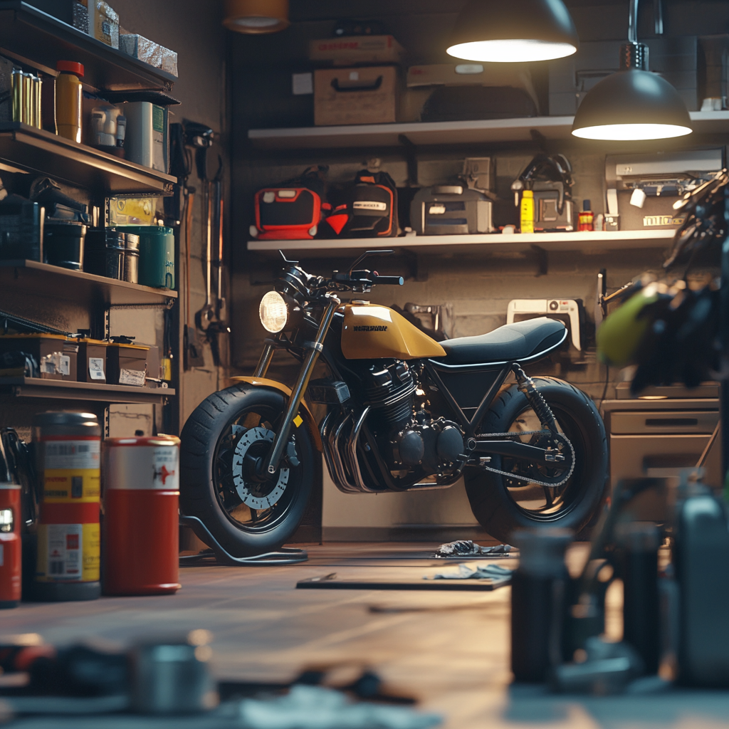 Person preparing motorcycle for long-term storage in garage.