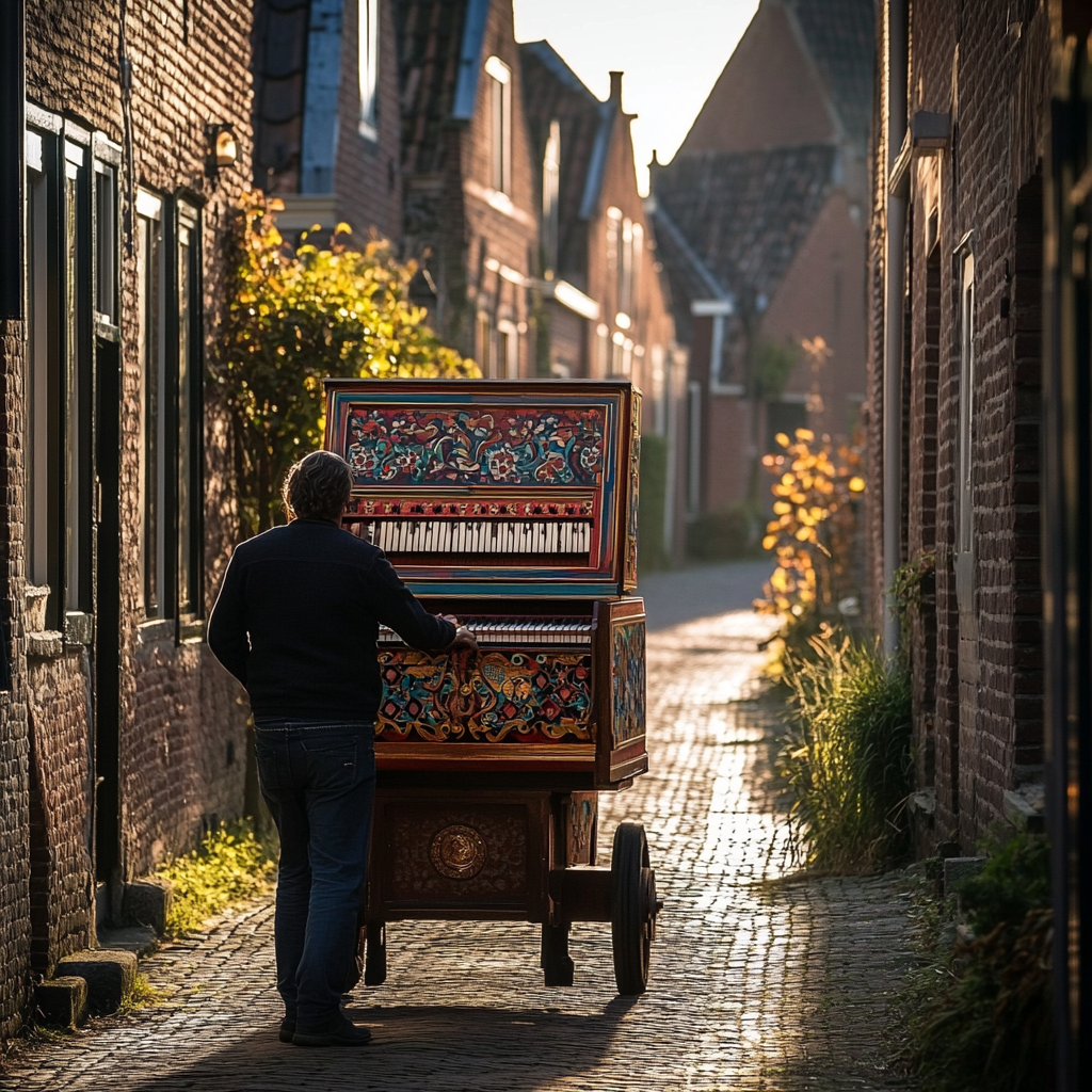 Person pulls colorful organ onto sunny Dutch street.