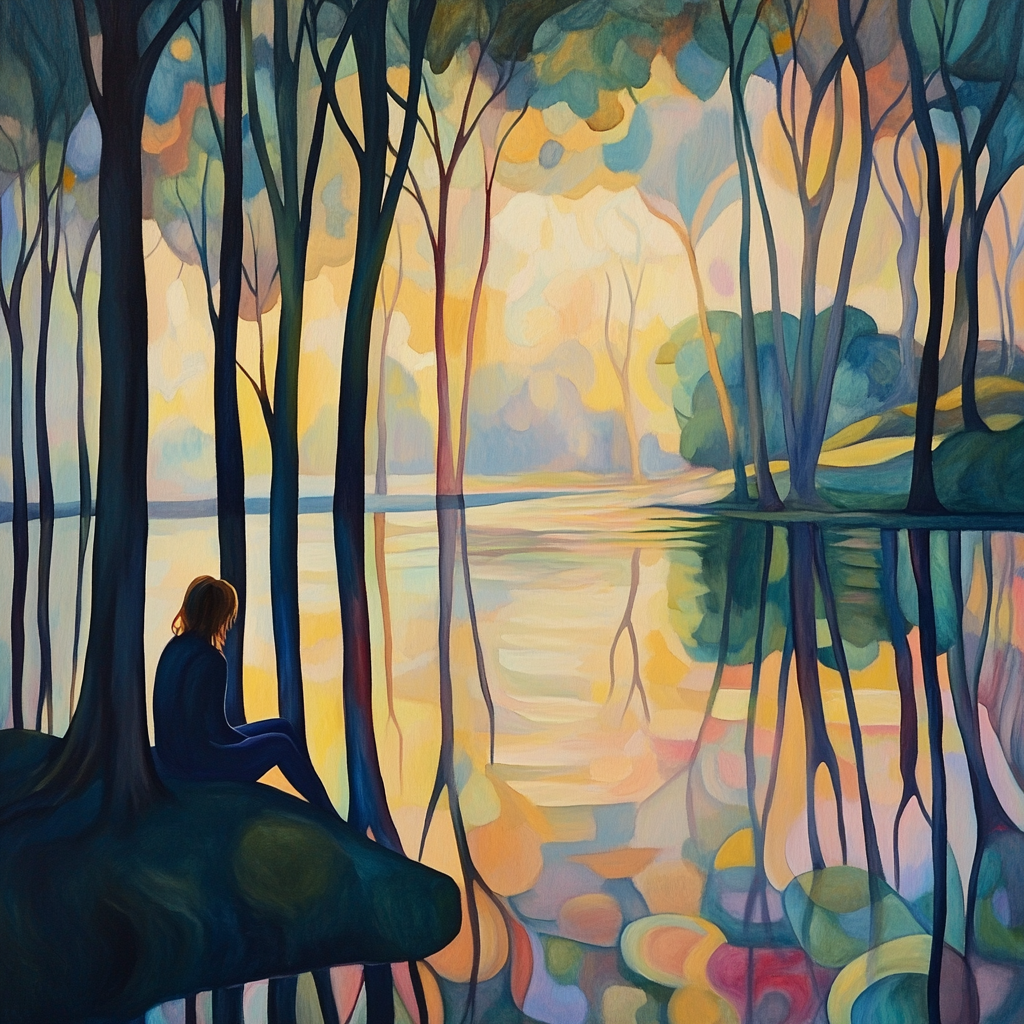 Person relaxes by lake, surrounded by trees and sunlight.