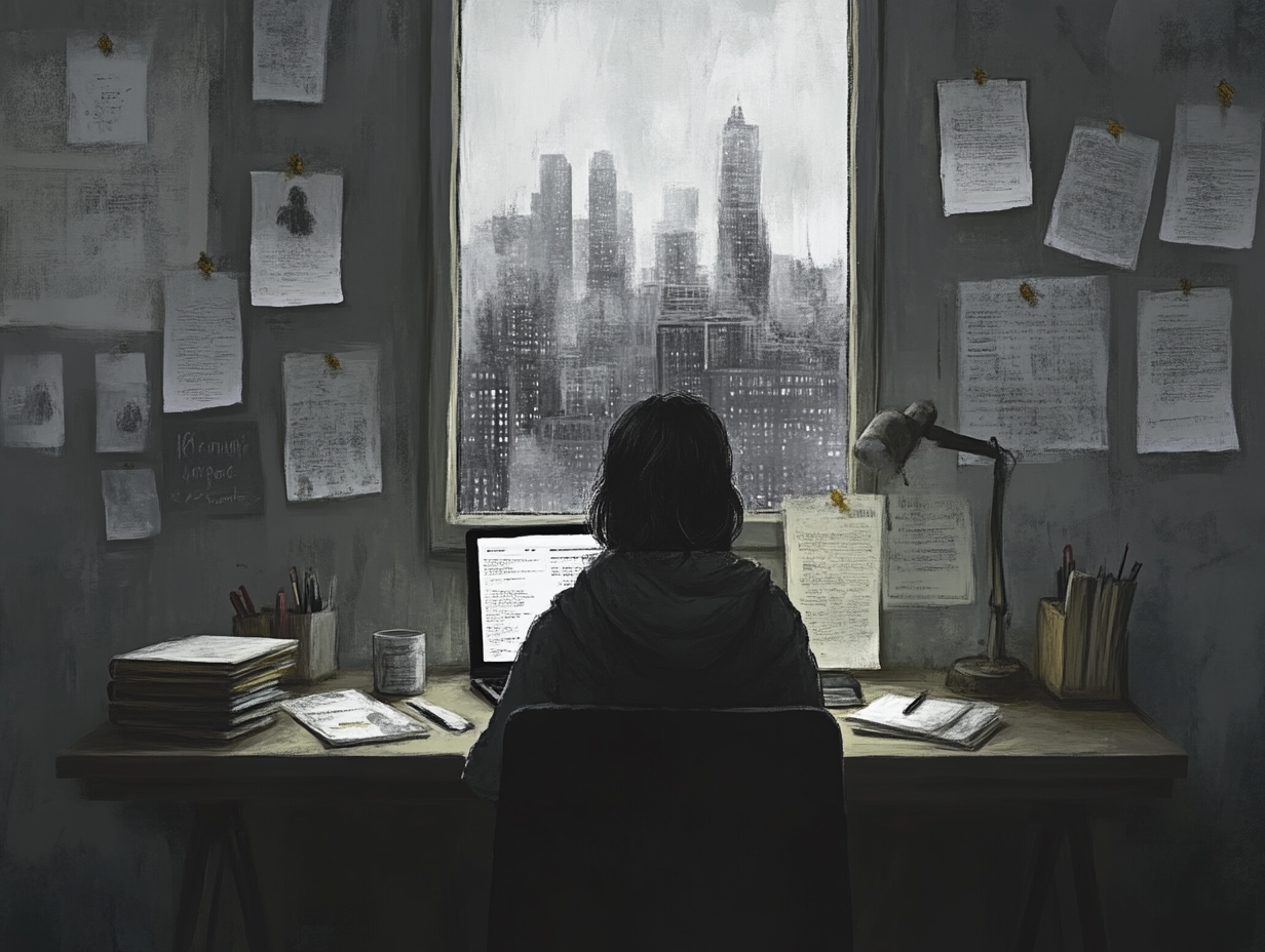 Person researching at desk surrounded by books and papers.