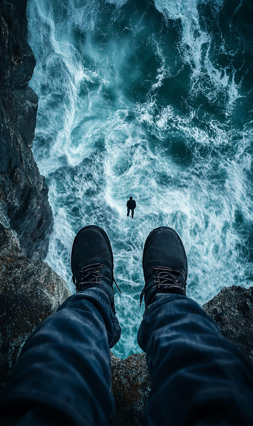 Person scared on cliff looking at camera, spooky setting.