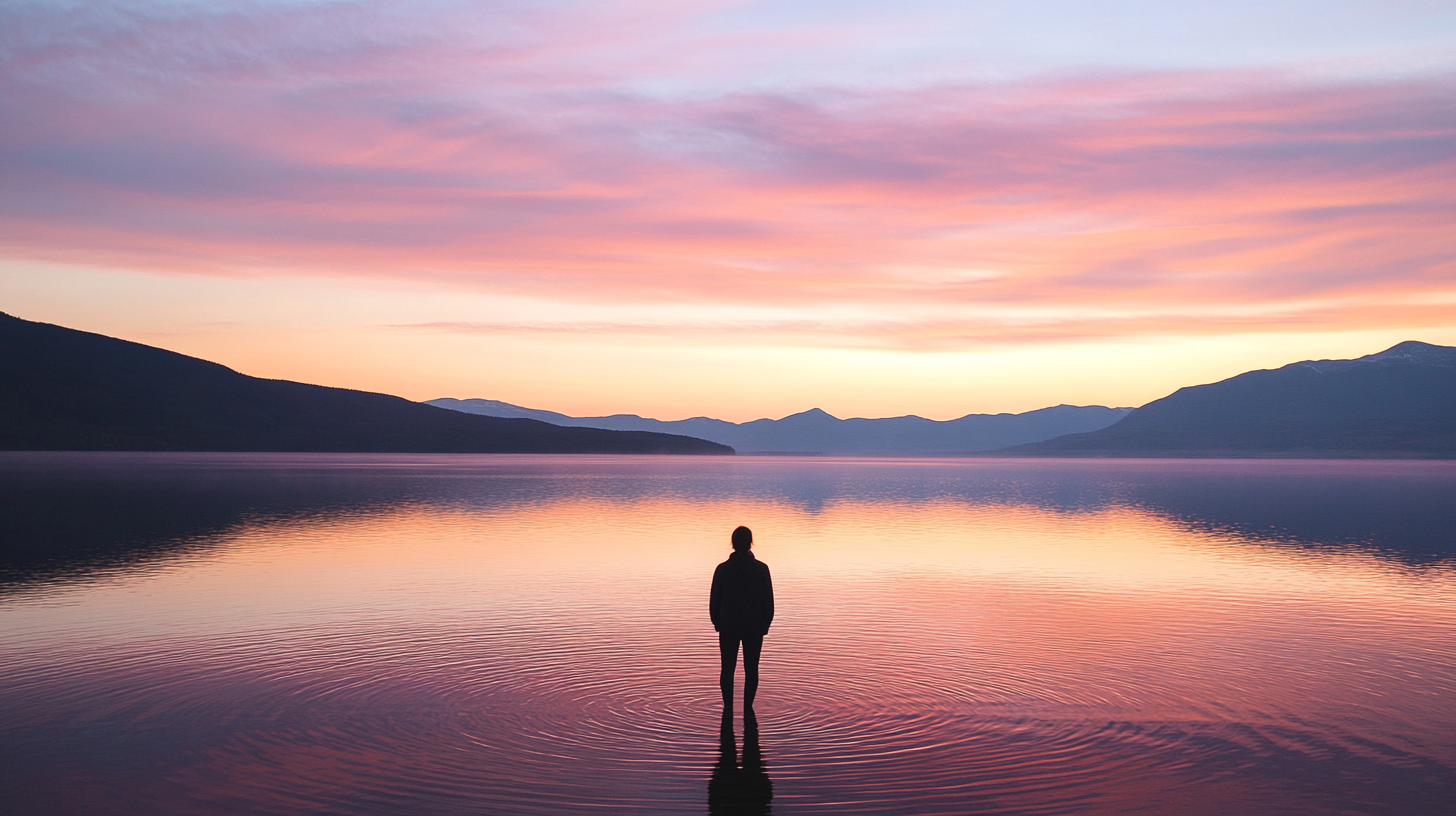 Person silhouetted against glowing lake at magic hour.