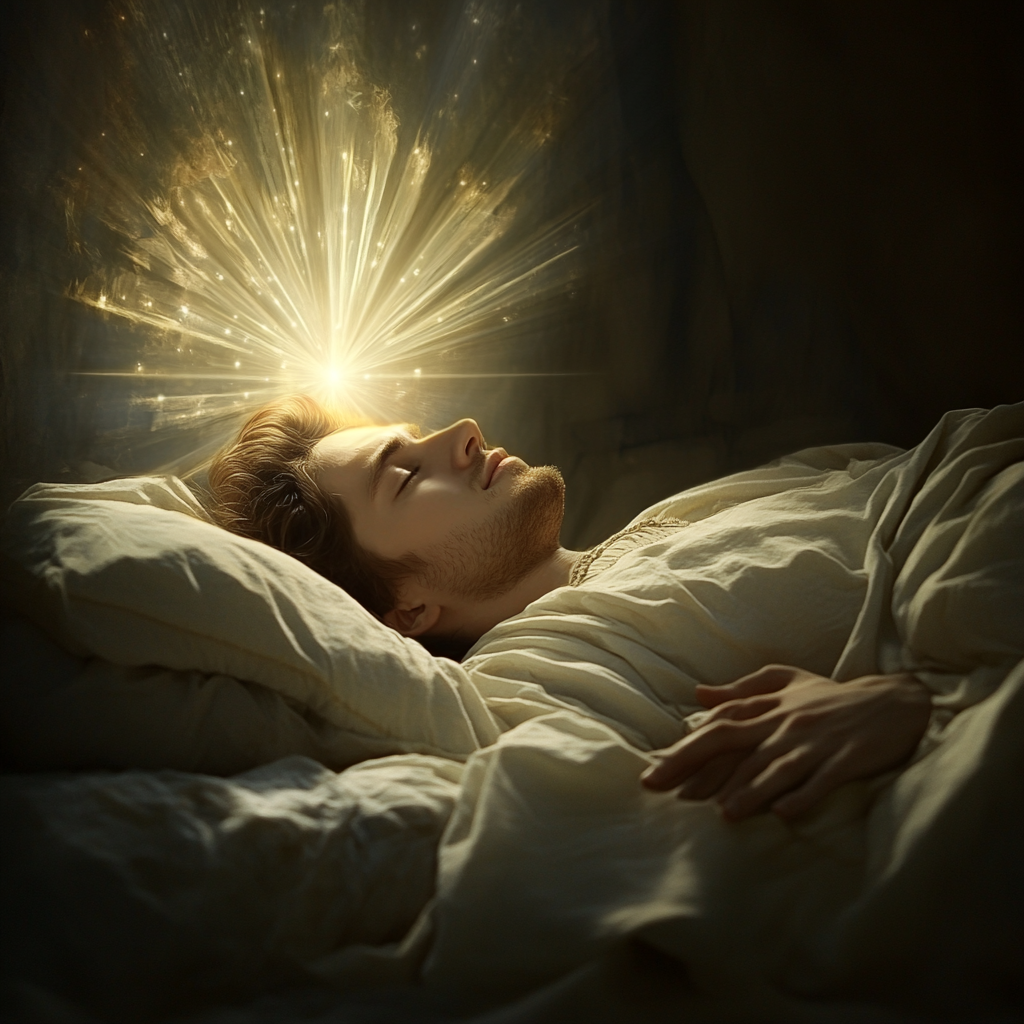 Person sleeping with bright light, God watching closely.