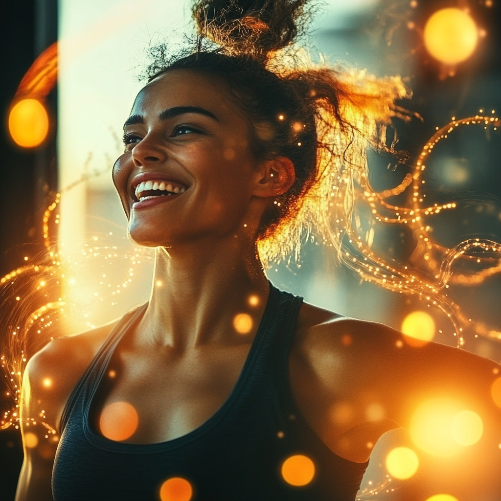 Person smiling during workout with abstract glowing endorphins.