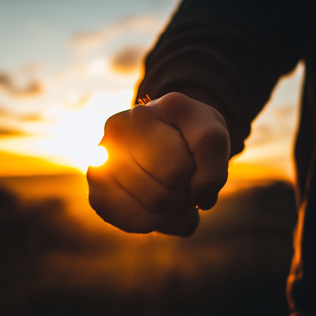 Person standing alone at dawn, clenched fist symbolizes determination.