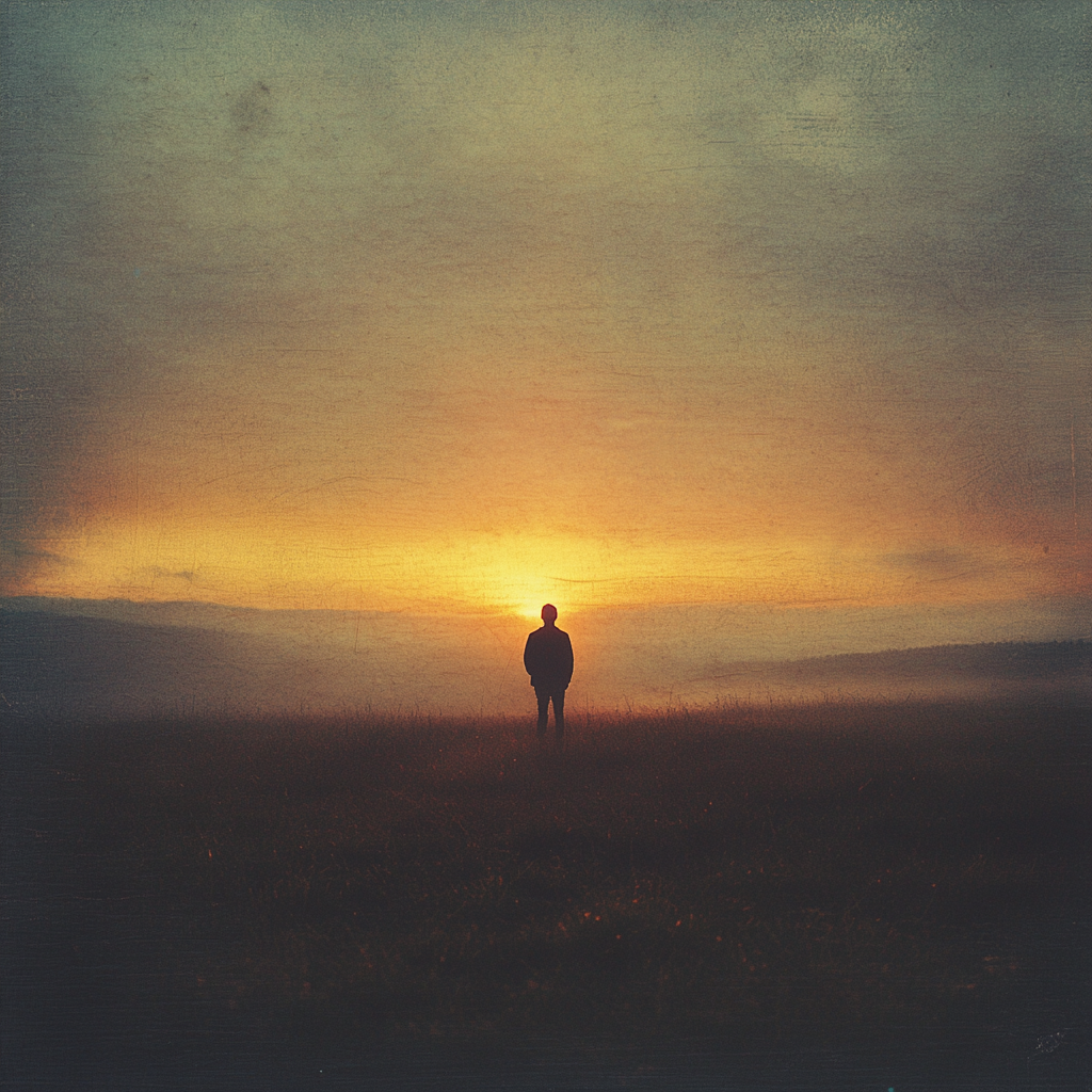 Person stands alone in field at dawn, strong.