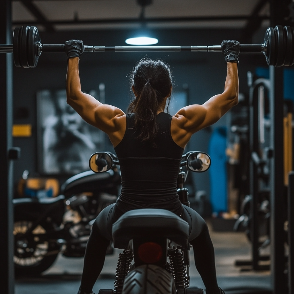 Person strength exercises at gym with motorcycle in background.