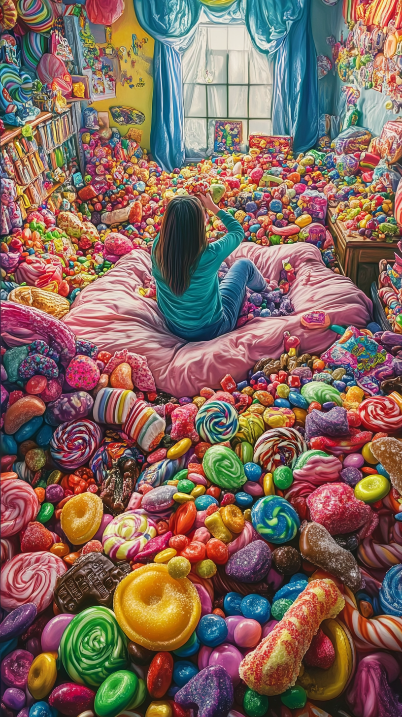 Person surrounded by candy, eating happily in candy-filled room.