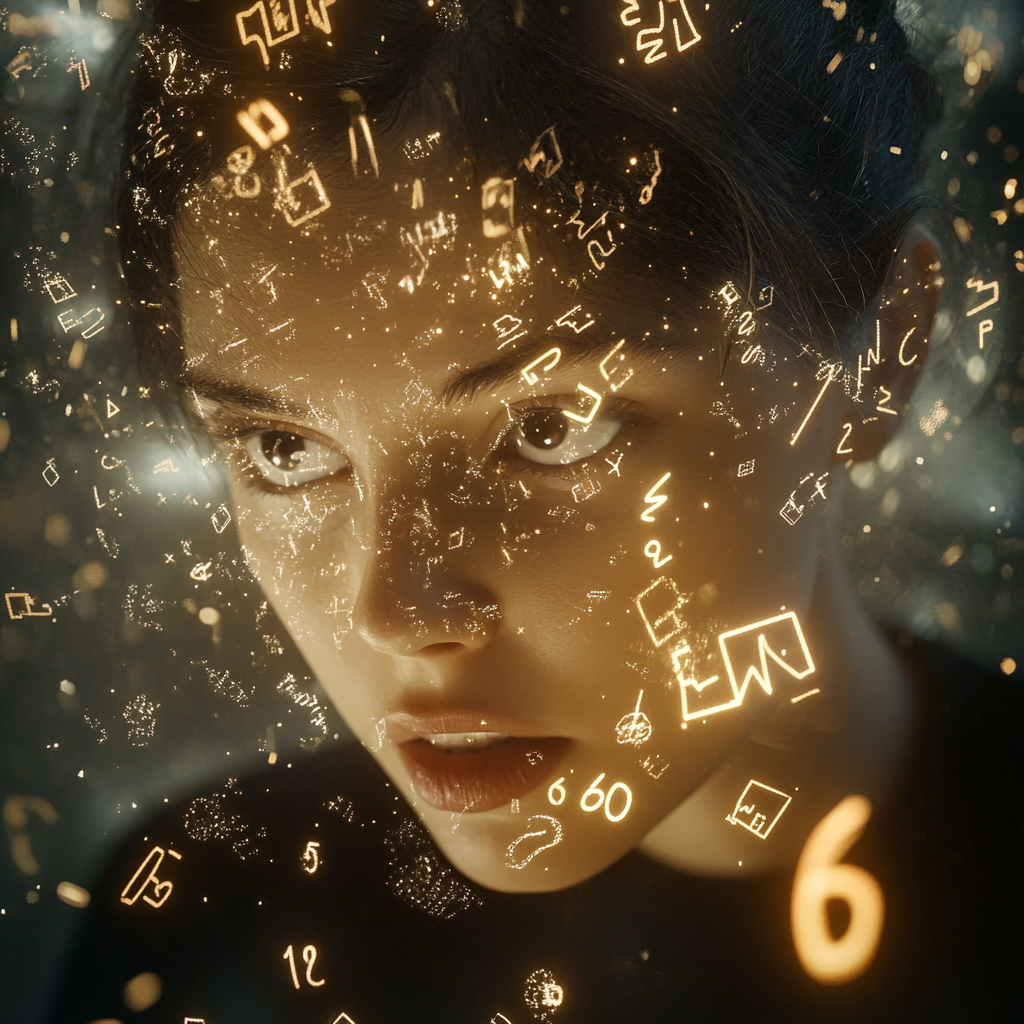 Person surrounded by glowing math symbols lost in thought.