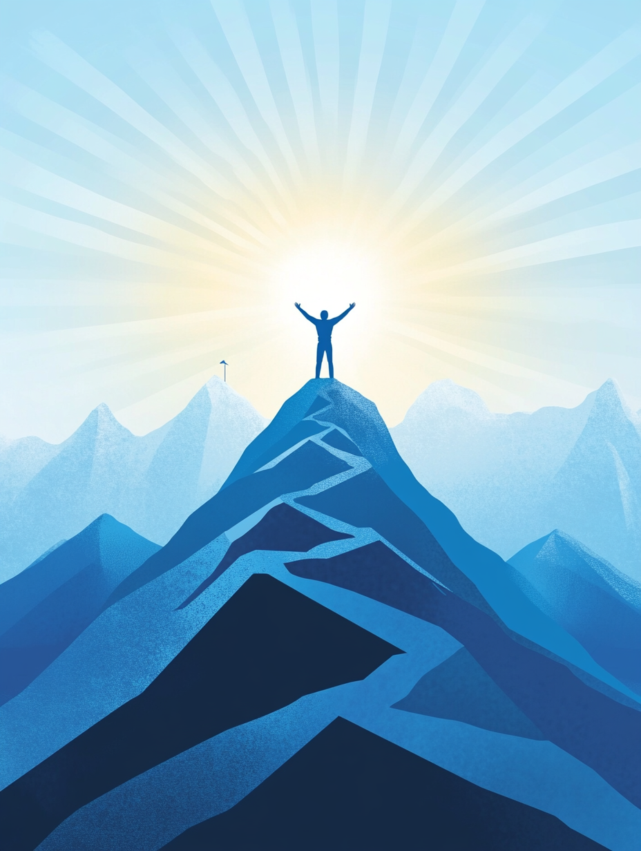 Person triumphantly stands on mountain peak under clear sky.