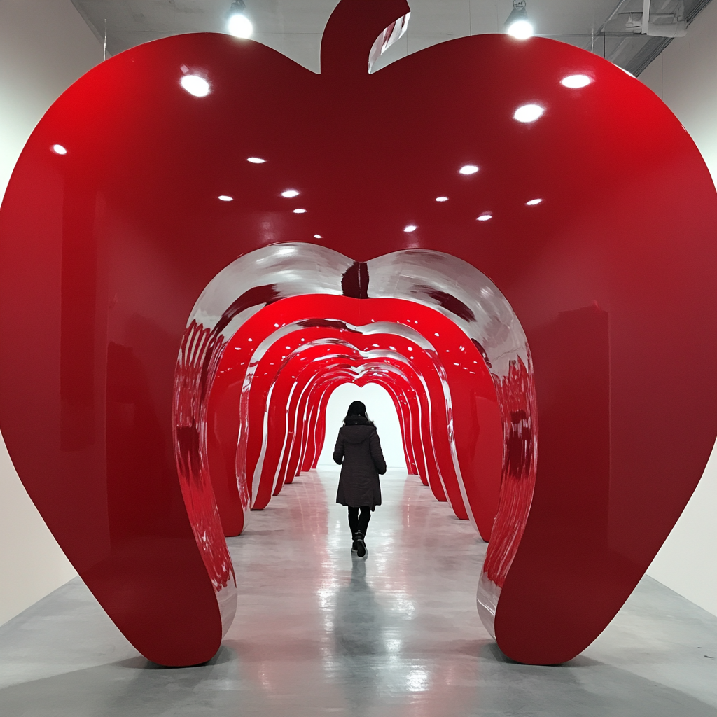 Person walking through shiny red apple room.