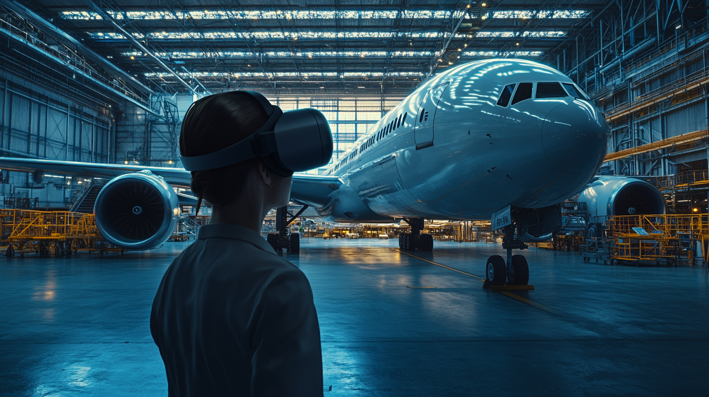 Person wearing VR goggles in warehouse with luxury Boeing 777 interior projection.