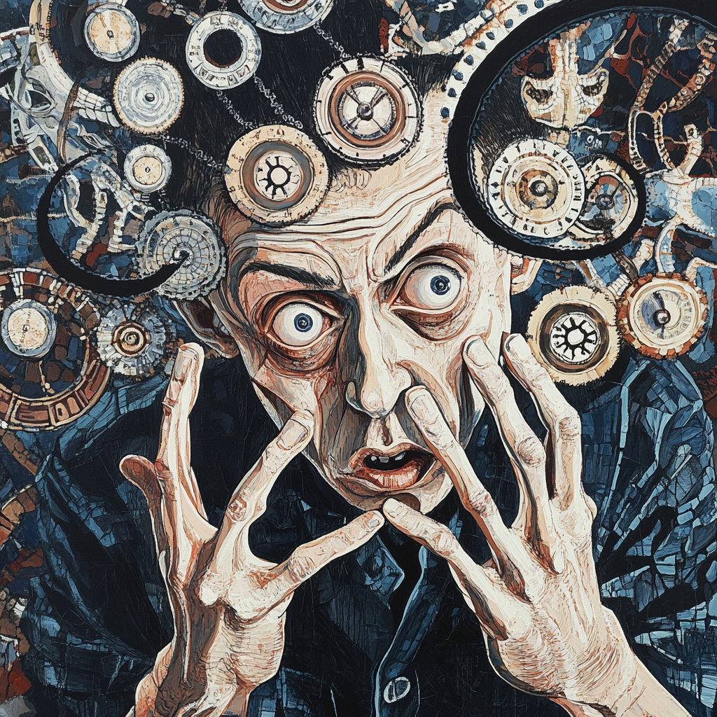 Person with intense expression surrounded by swirling patterns.