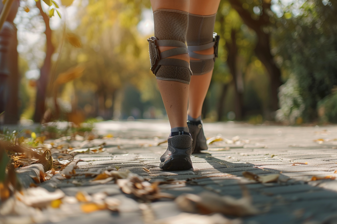 Person with knee brace walking cautiously outdoors.