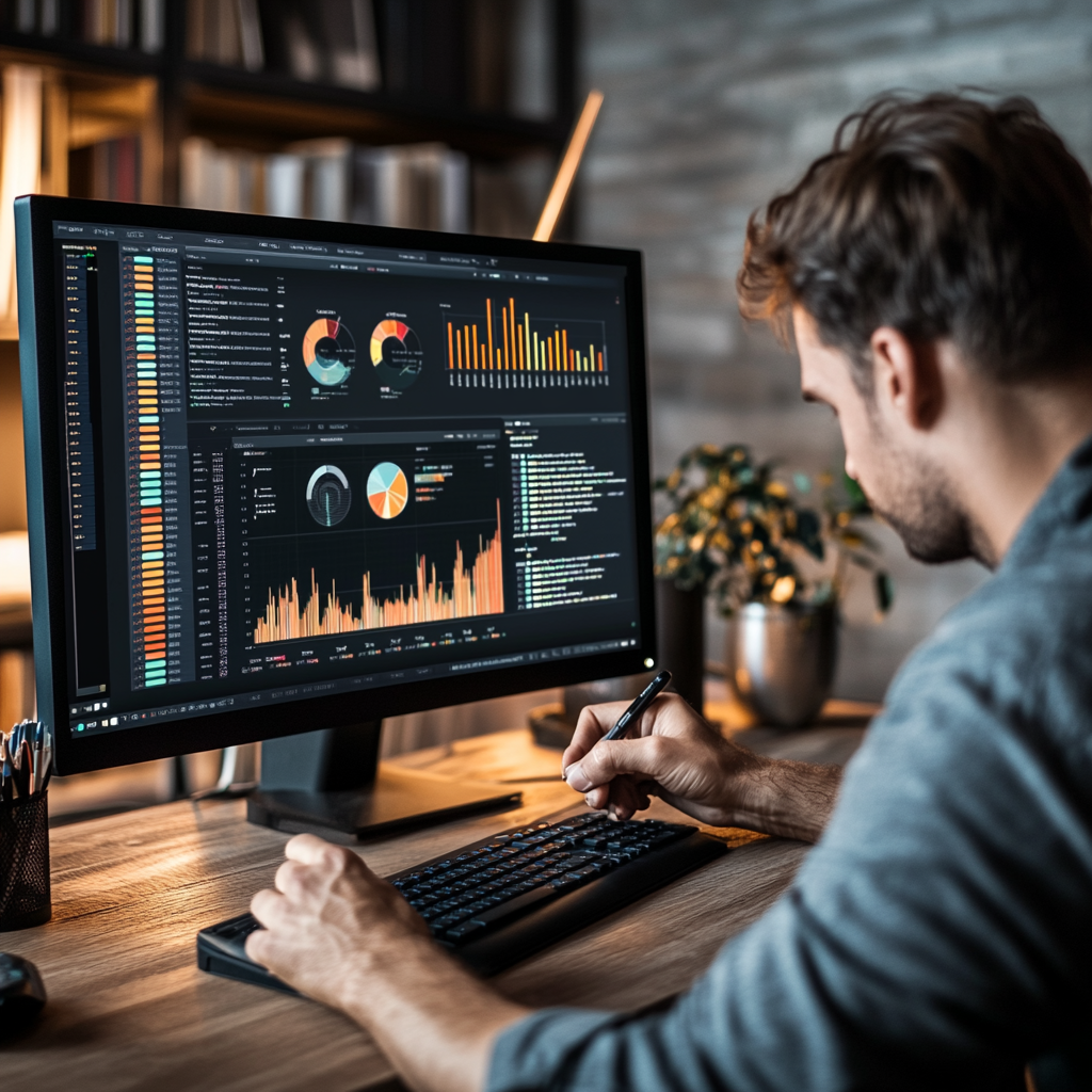 Person writing code on computer screen with graphs, charts