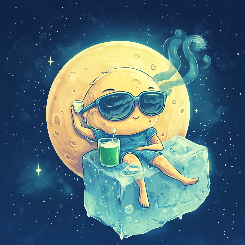 Personified moon character with sunglasses on ice cube in space 