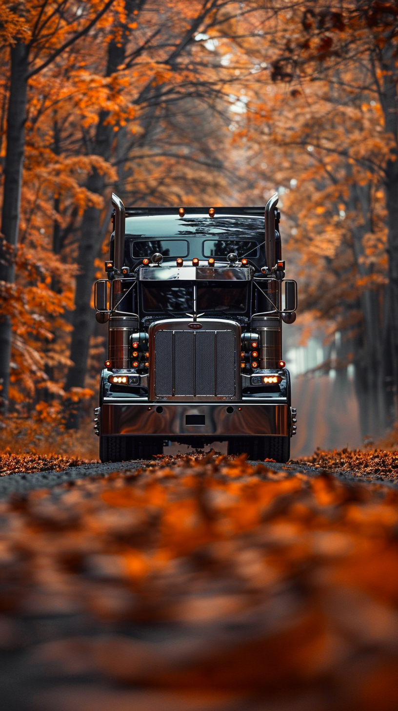 Peterbilt 389 Custom Truck Black Wheels Orange Autumn Road