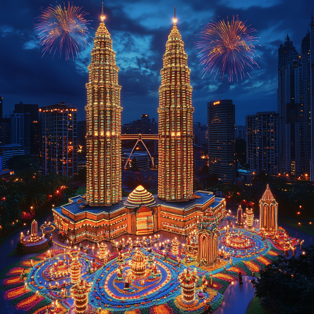 Petronas Twin Towers in Kuala Lumpur lit up for deepavali