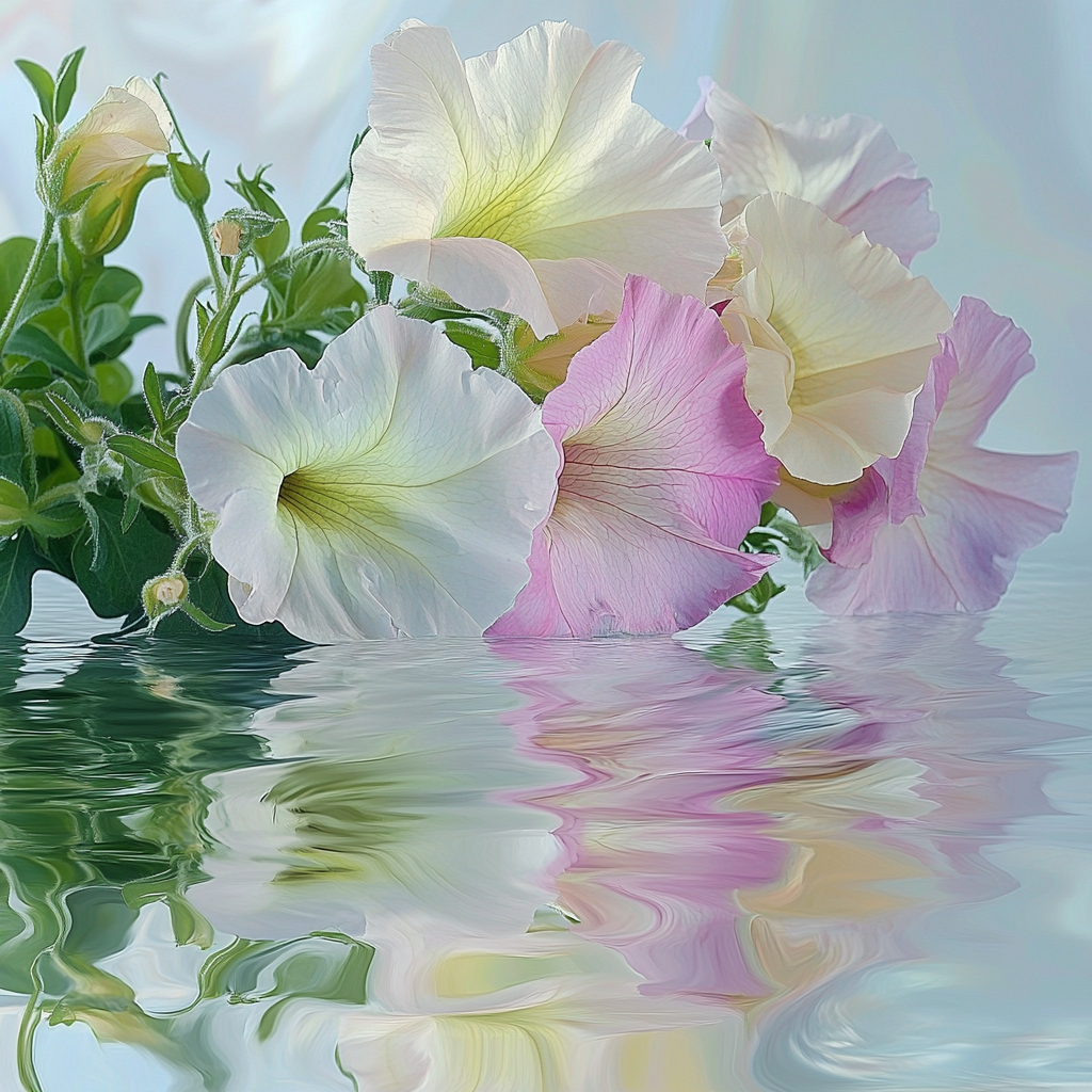 Petunia Bouquet with Withered Flowers Reflection in Water