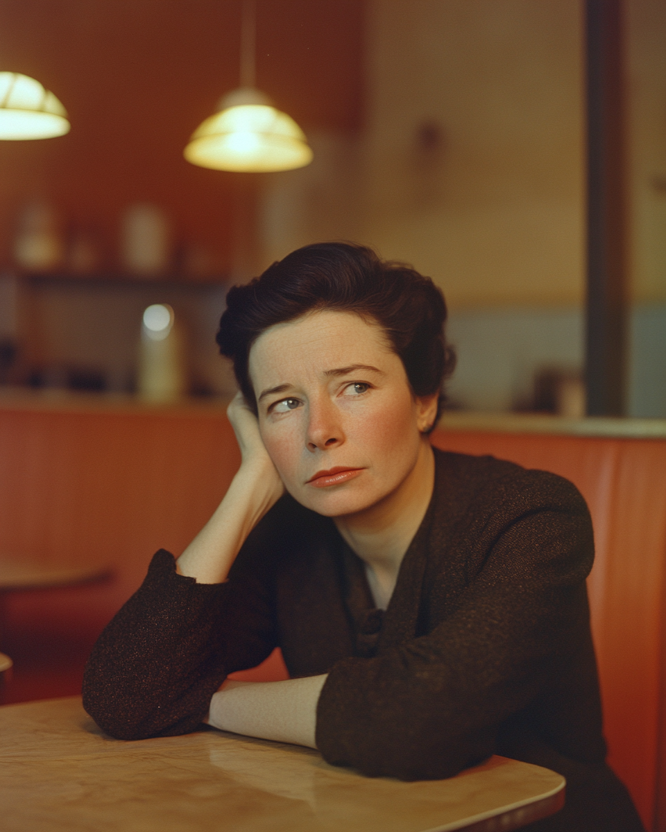 Philosopher Simone de Beauvoir in Parisian café, deep in thought.