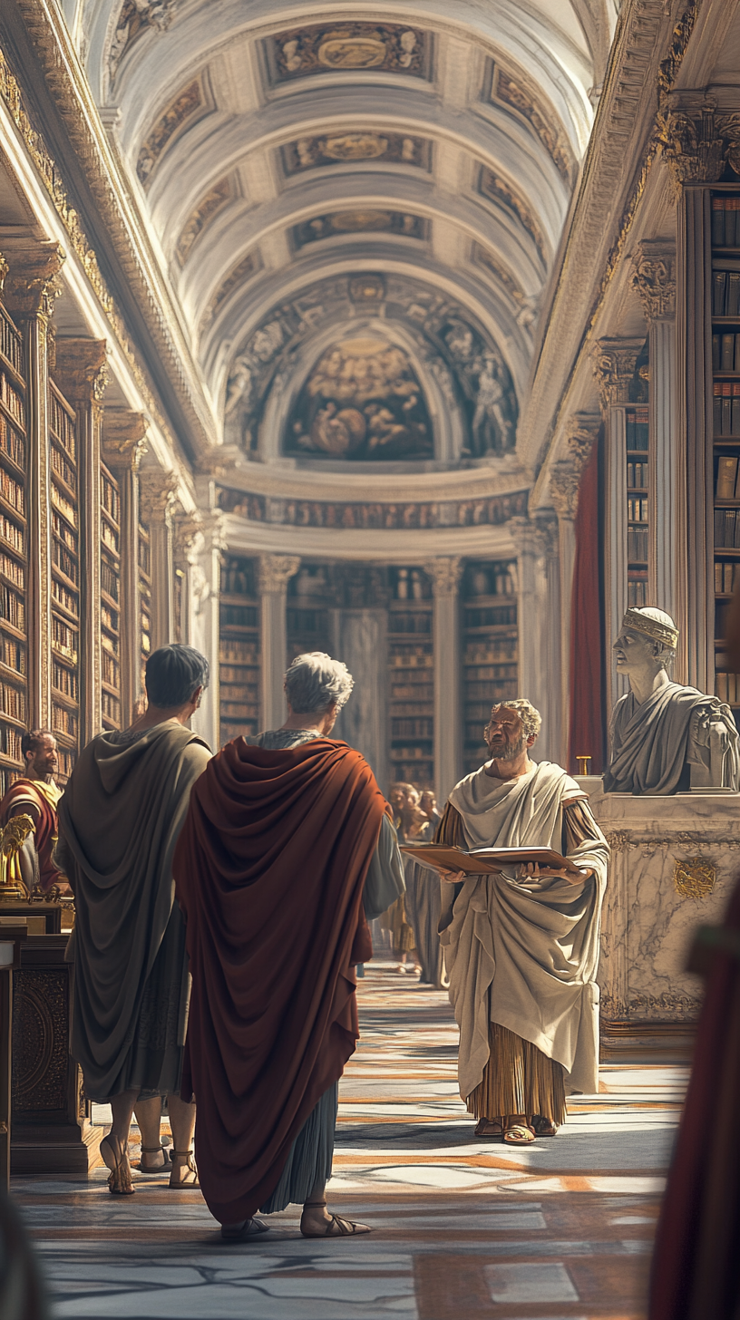 Philosophers in Roman and Byzantine robes debate in hall.