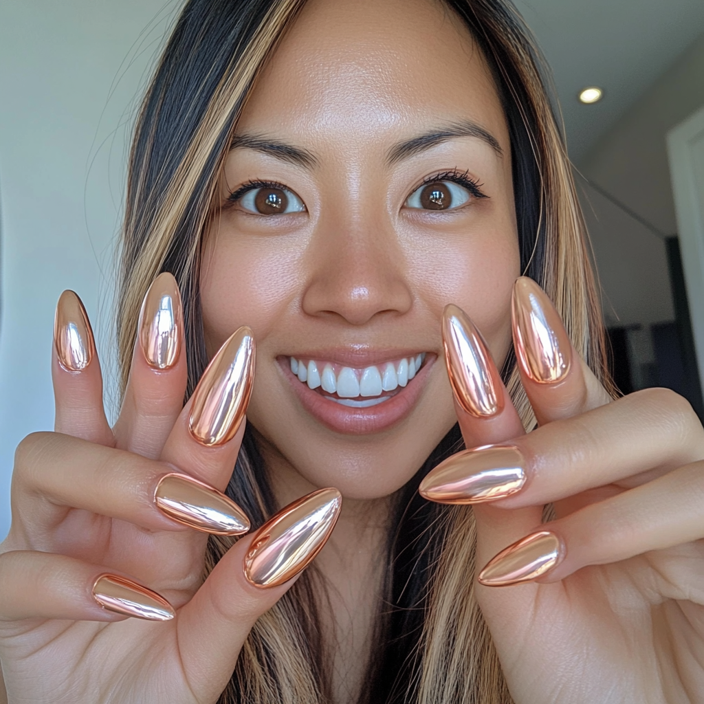 Photo of Asian woman with new chrome peach nails.