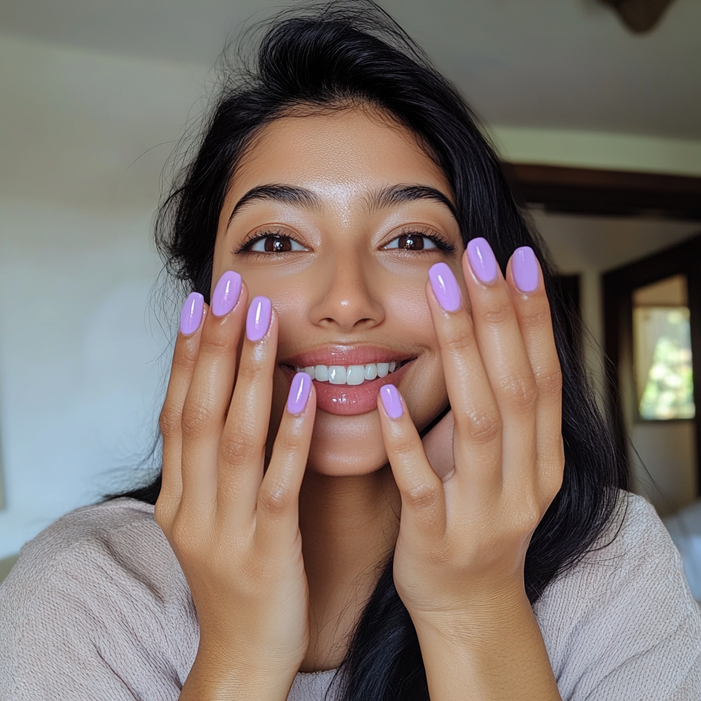 Photo of Indian woman showing glossy lavender nails.