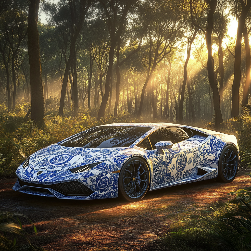 Photo of Lamborghini Huracan in forest with tile design.