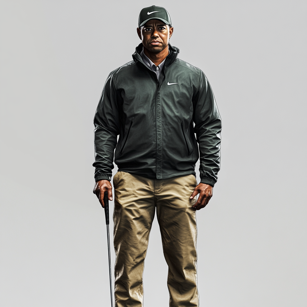 Photo of Tiger Woods in green and tan luxury sportswear, white background, no logos.