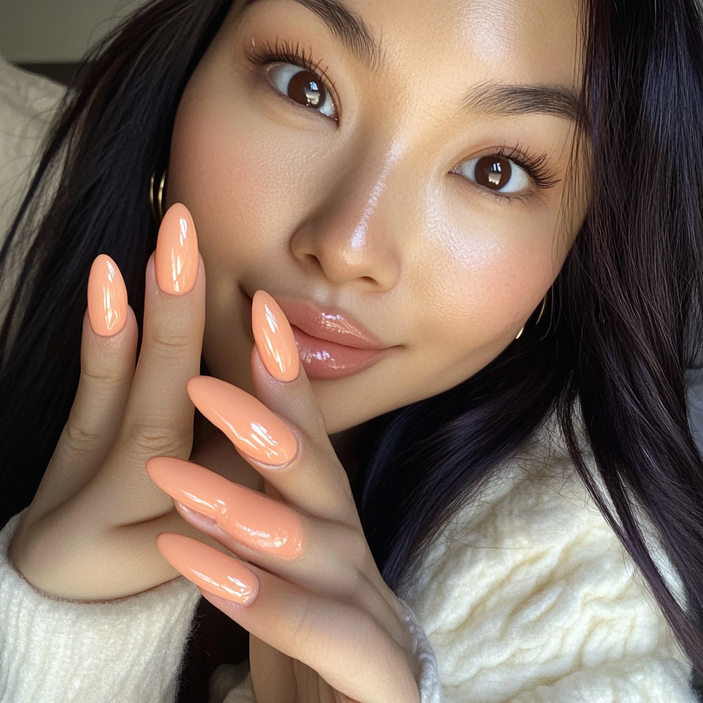 Photo of candid Asian woman showing glossy peach nails.