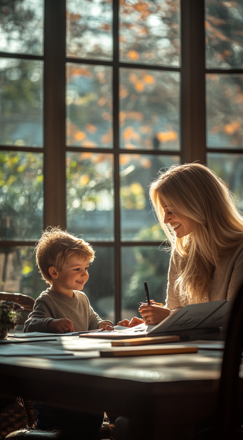 Photo of elegant woman and son at table smiling.