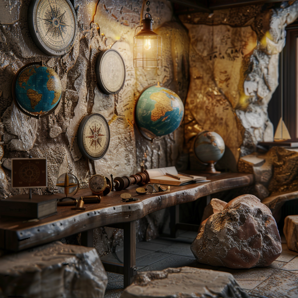 Photo of explorer's nook with globes, compasses, rocks.