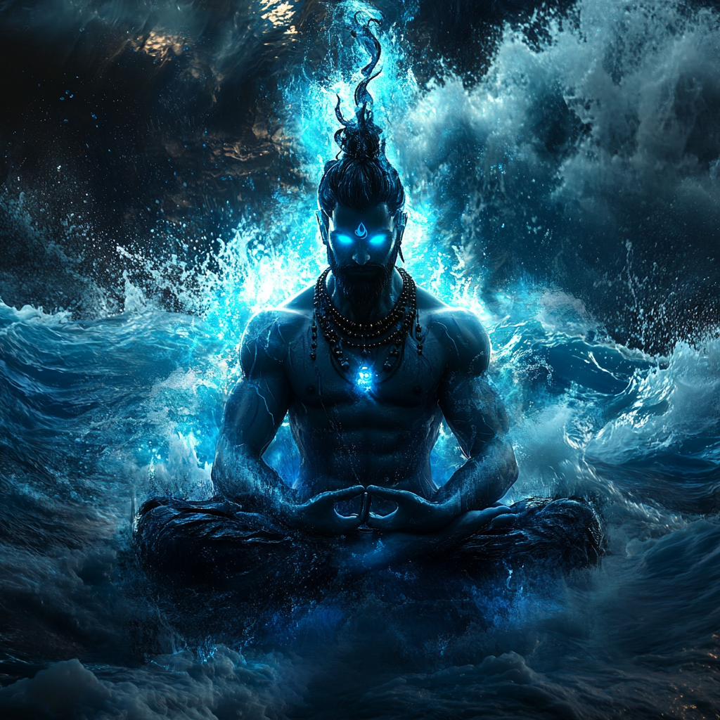 Photo of god of water, glowing blue, meditating.