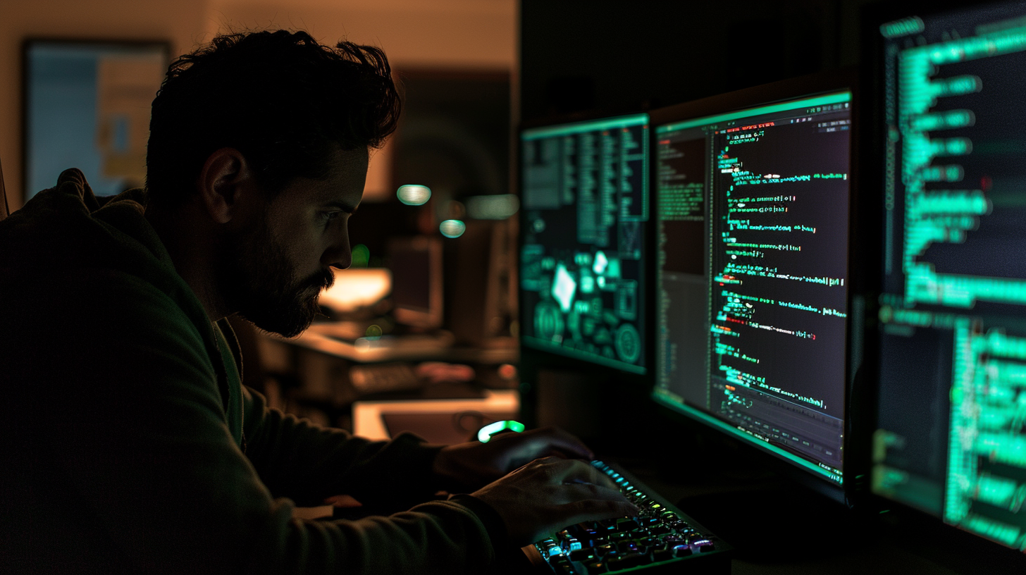 Photo of hacker typing in dimly lit office.