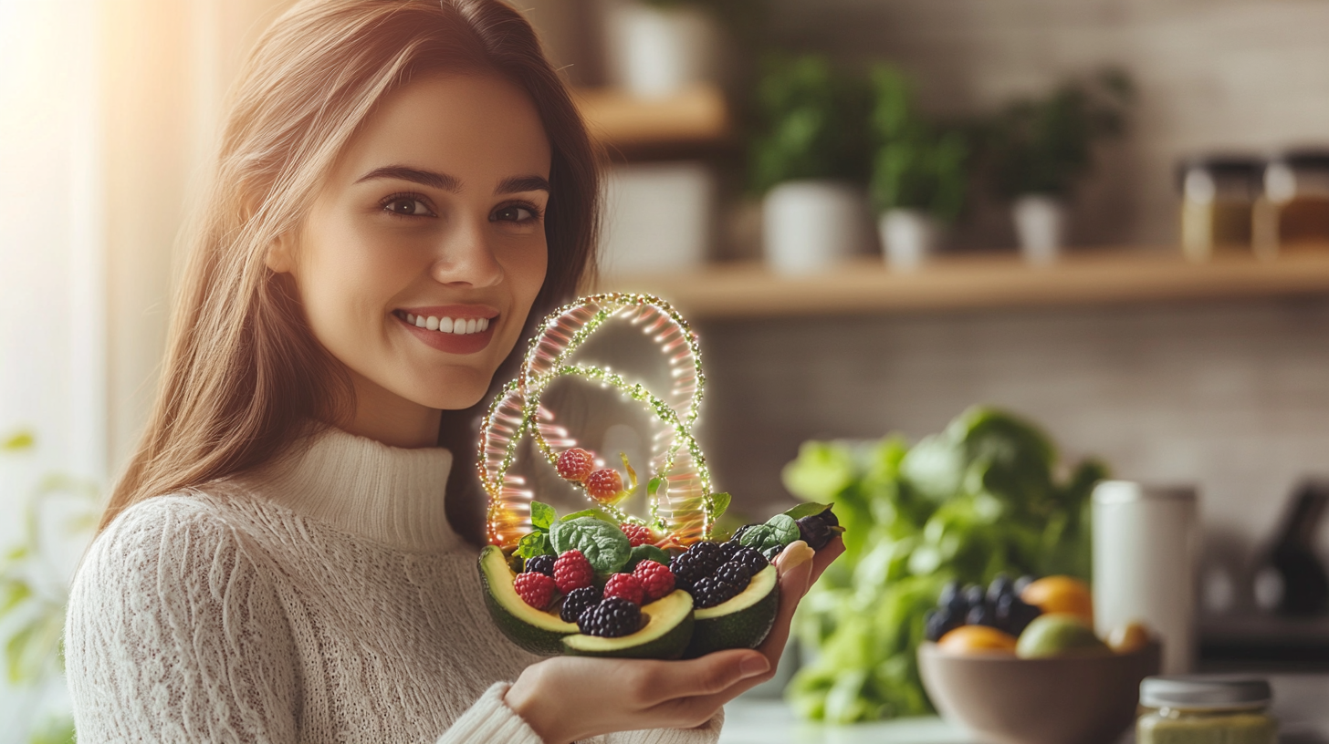 Photo of happy client with DNA and food.