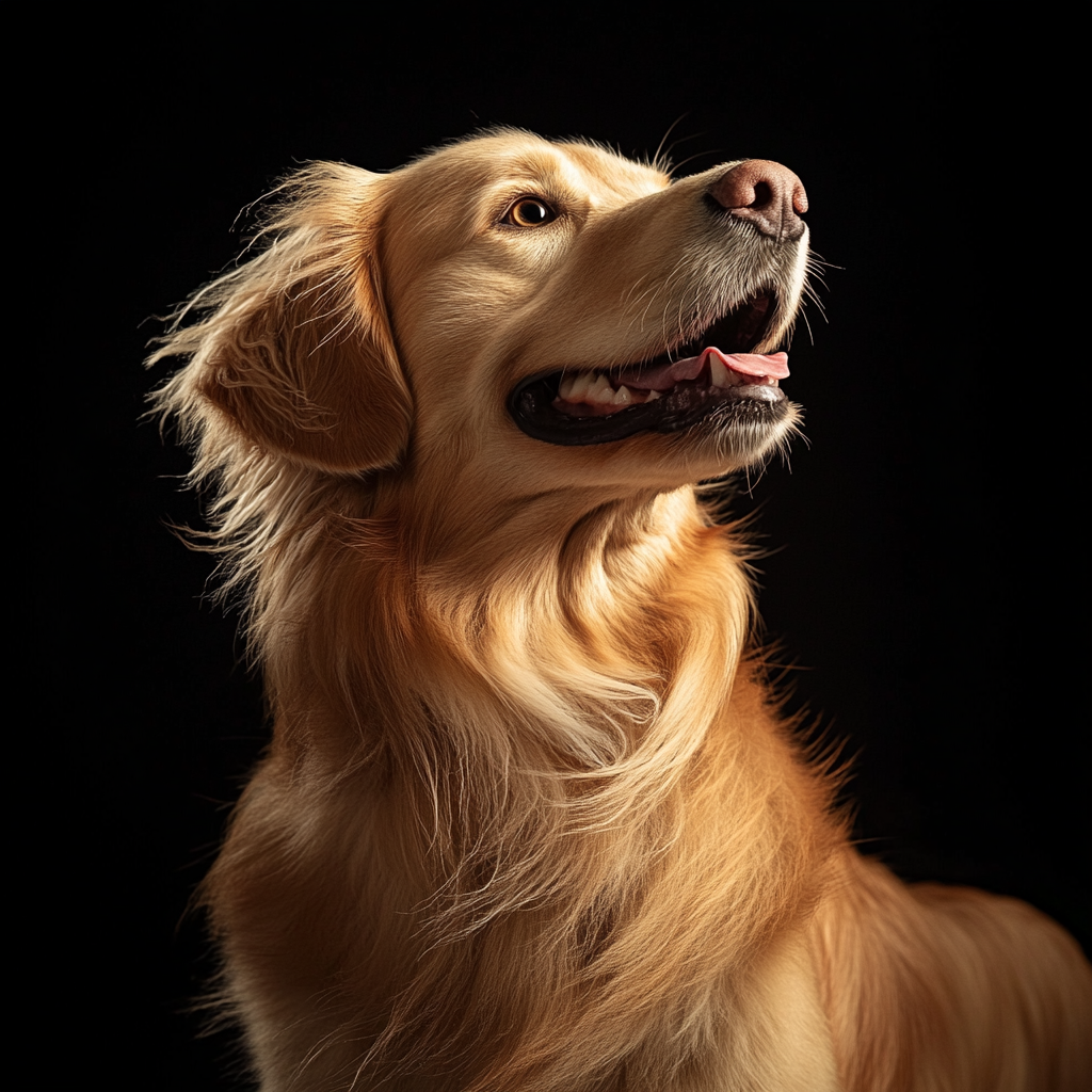 Photo of happy golden retriever with fluffy fur.