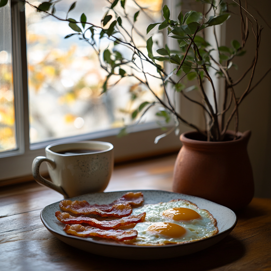 Photo of homemade breakfast with coffee by window.