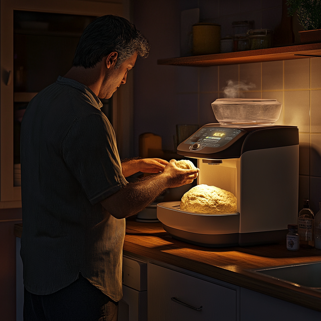 Photo of man in kitchen night, using bread machine.