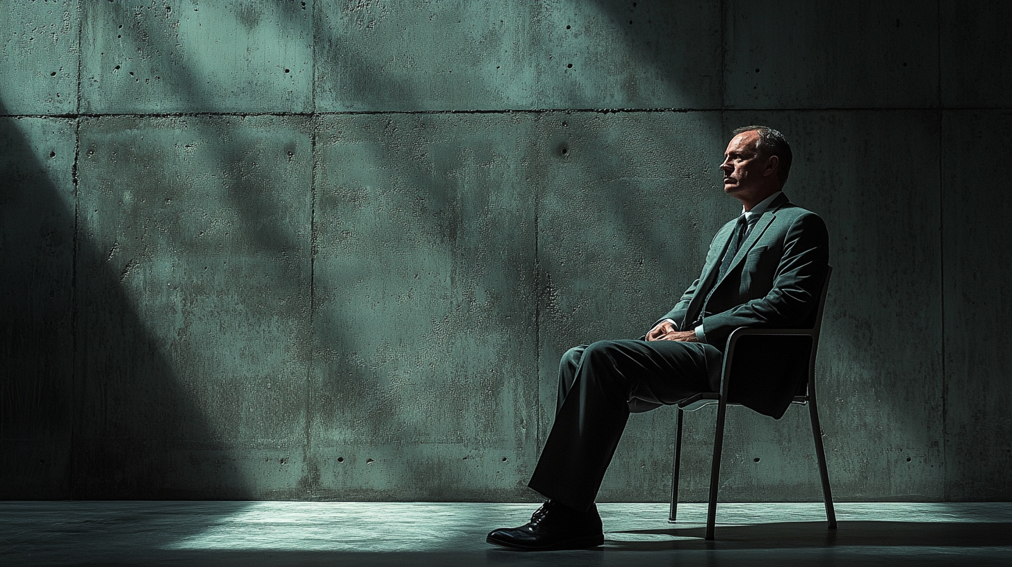 Photo of man in suit sitting in dark hall.