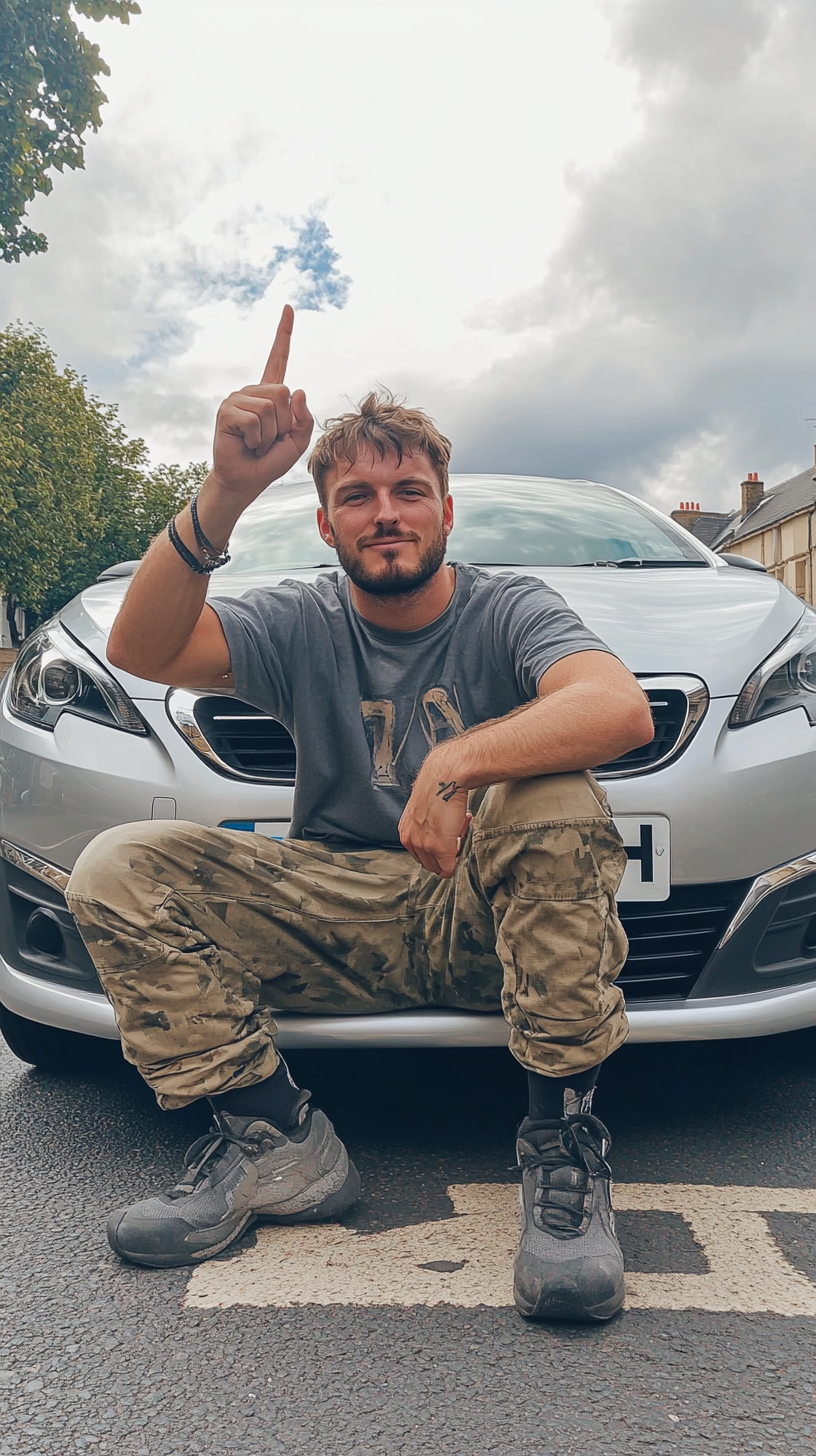 Photo of man next to car's registration plate, vibrant.